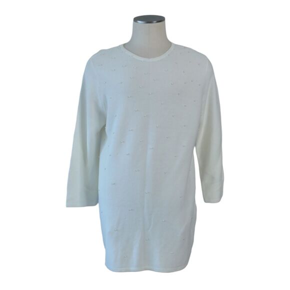 NWT J. Jill Sz XL Cream Round Neck Sweater Tunic Pearl Like Beaded Front - Picture 1 of 12